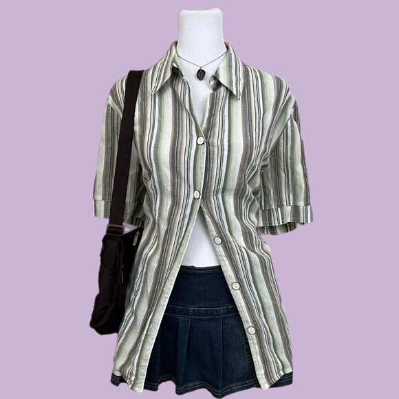 vintage 90s green striped boho granola elevated basic button up - Picture 1 of 7